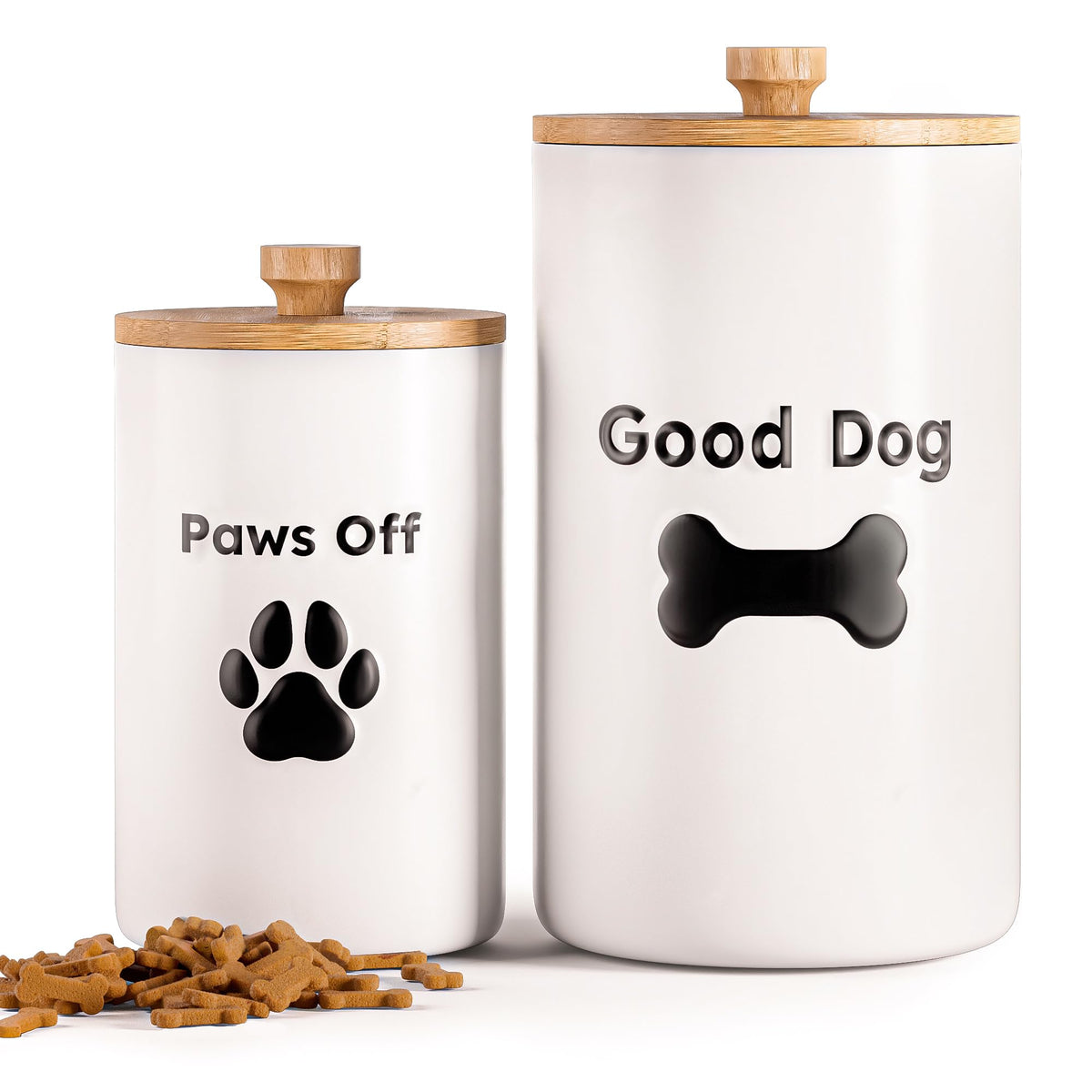 Ceramic Dog Treat Jar Set of 2 — Airtight Bamboo Lids, Kitchen Counter (9x5" & 7x4")
