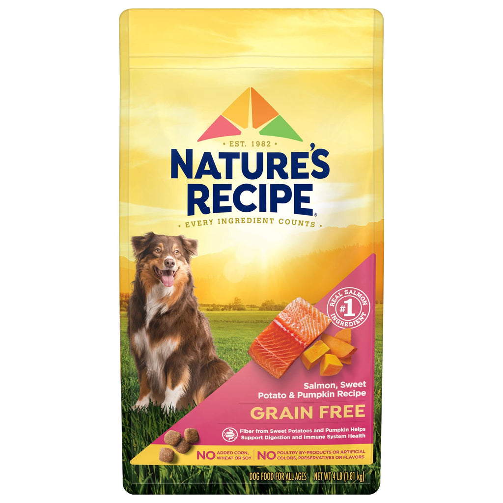 Nature's Recipe dog food package with a dog on a grassy field
