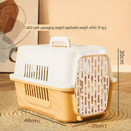 Pet carrier with dimensions on a wooden surface