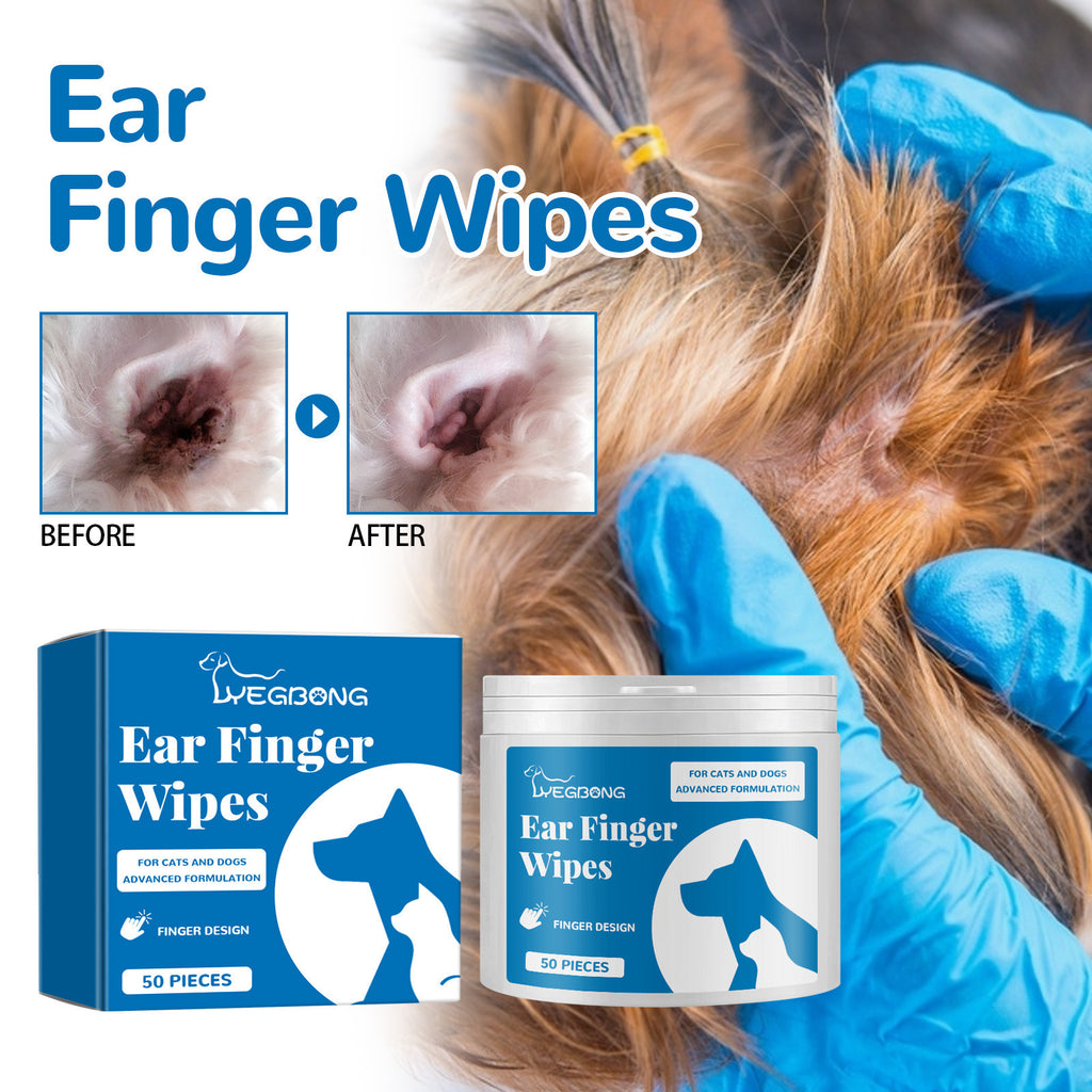 Ear Finger Wipes for pets with before and after effects, showing a person cleaning a dog's ear.