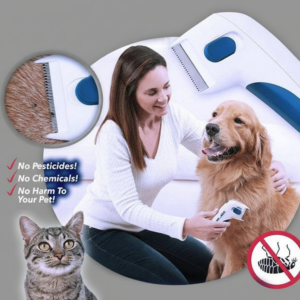 Woman with a dog and cat, using a grooming tool, with text about safety and no harm to pets.