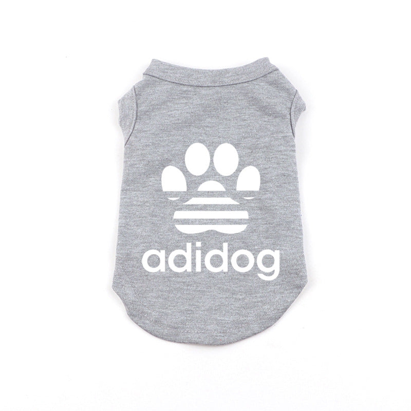 Gray pet shirt with white paw print and 'adidog' text on a white background