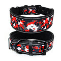 Two dog collars with pixelated red, black, and white pattern on a white background
