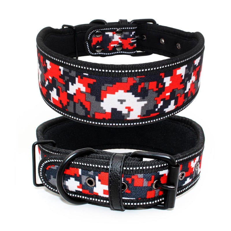 Two dog collars with pixelated red, black, and white pattern on a white background
