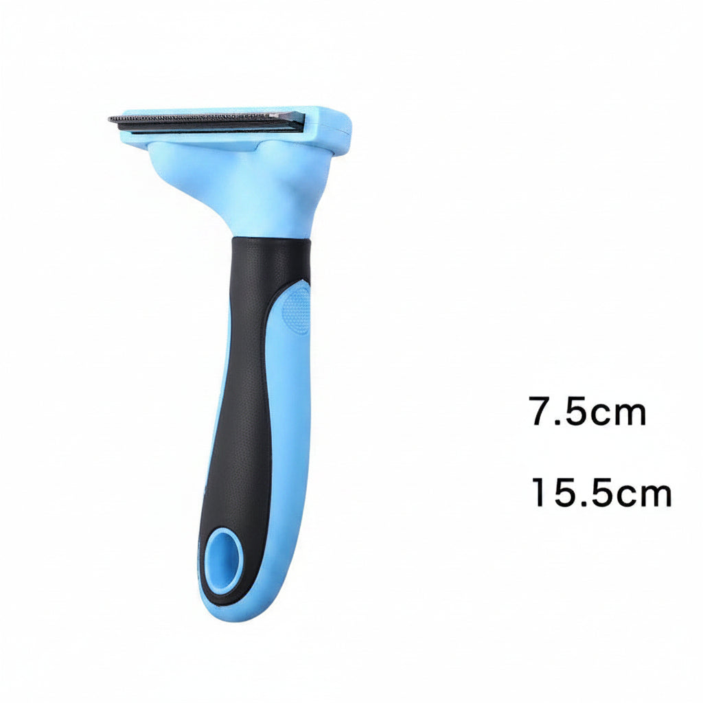 Blue and black pet grooming tool with measurements on a dark background