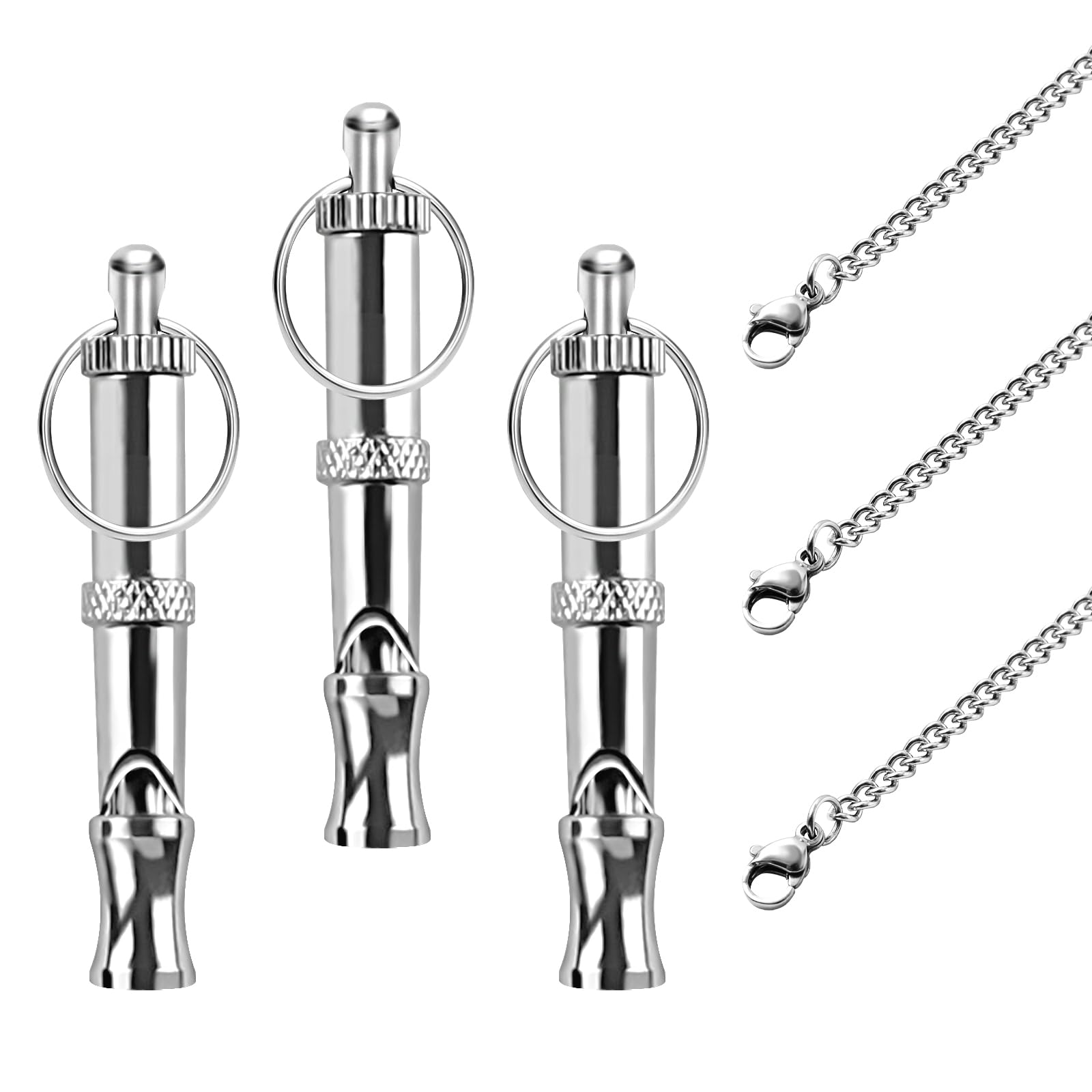 Set of silver dog whistles with chains on a white background