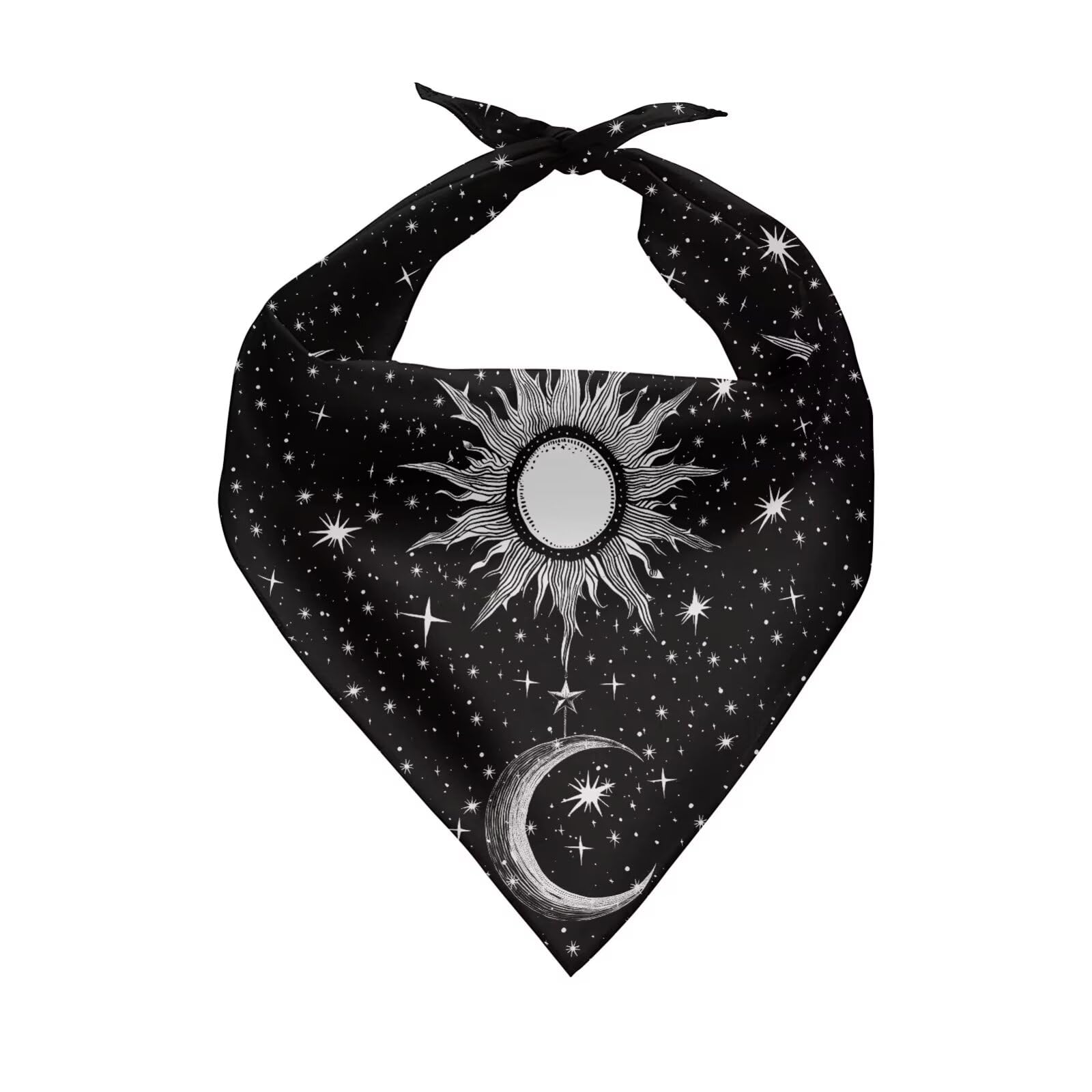 Black bandana with celestial design featuring sun, moon, and stars on a white background
