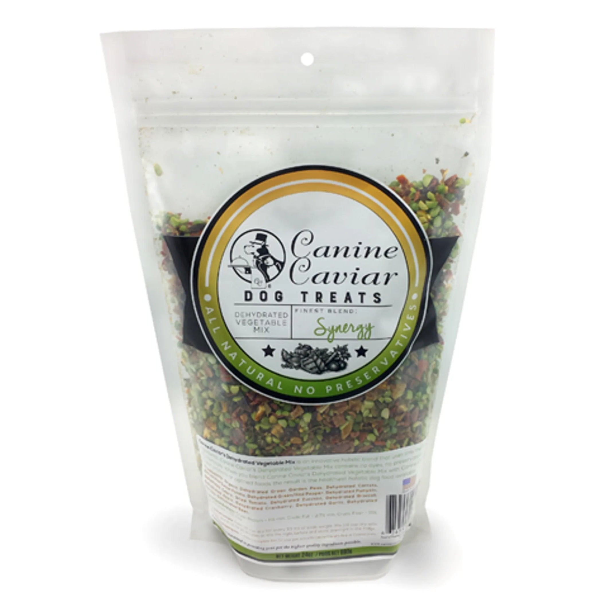 Bag of Canine Caviar dog treats with a label on a white background