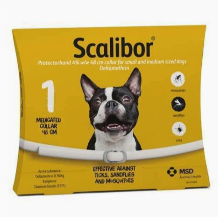 Scalibor dog collar packaging with a dog's face on a yellow background