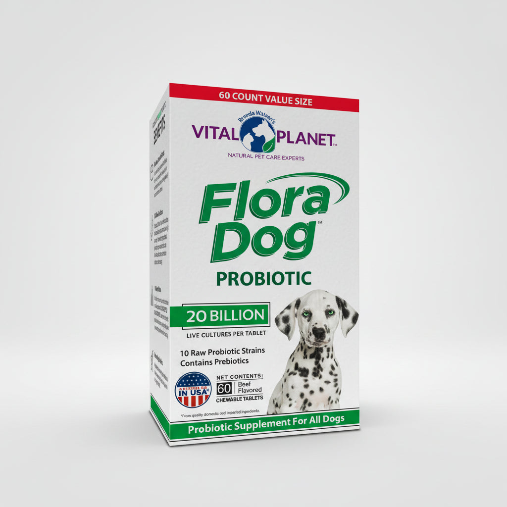 Box of Vital Planet Flora Dog Probiotic for dogs on a white background
