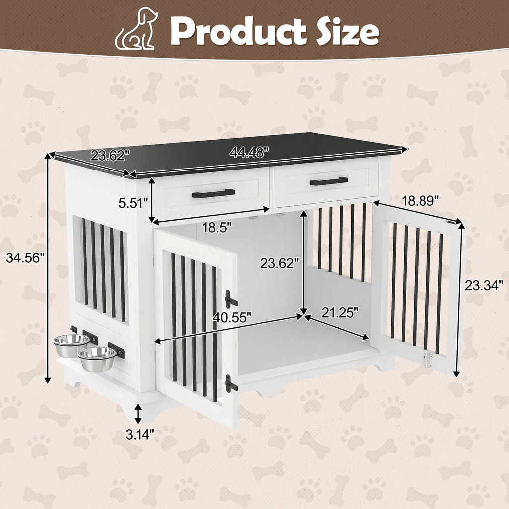 Wooden Dog Crate Furniture with Storage Drawers & Rotating Bowls – 44.48"