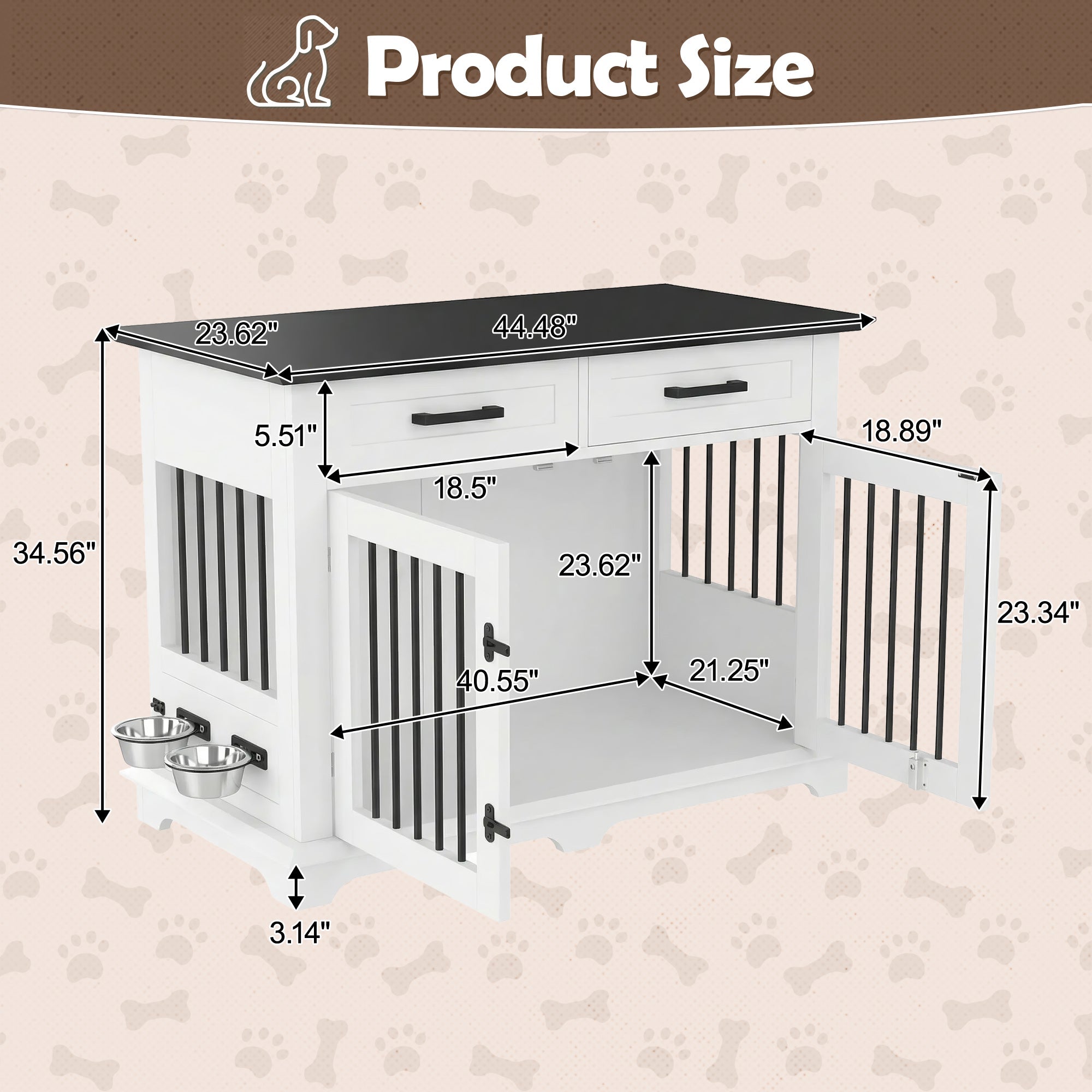 Wooden Dog Crate Furniture with Storage Drawers & Rotating Bowls – 44.48"