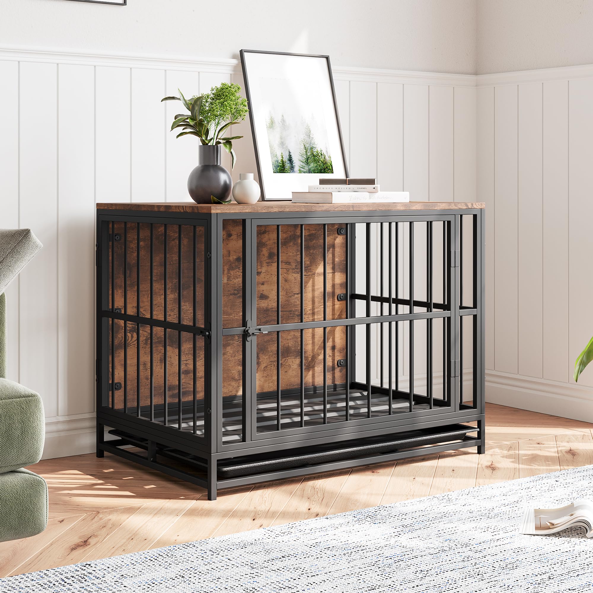 Dog crate with wooden paneling and metal bars in a room with a plant and picture frame on a shelf.