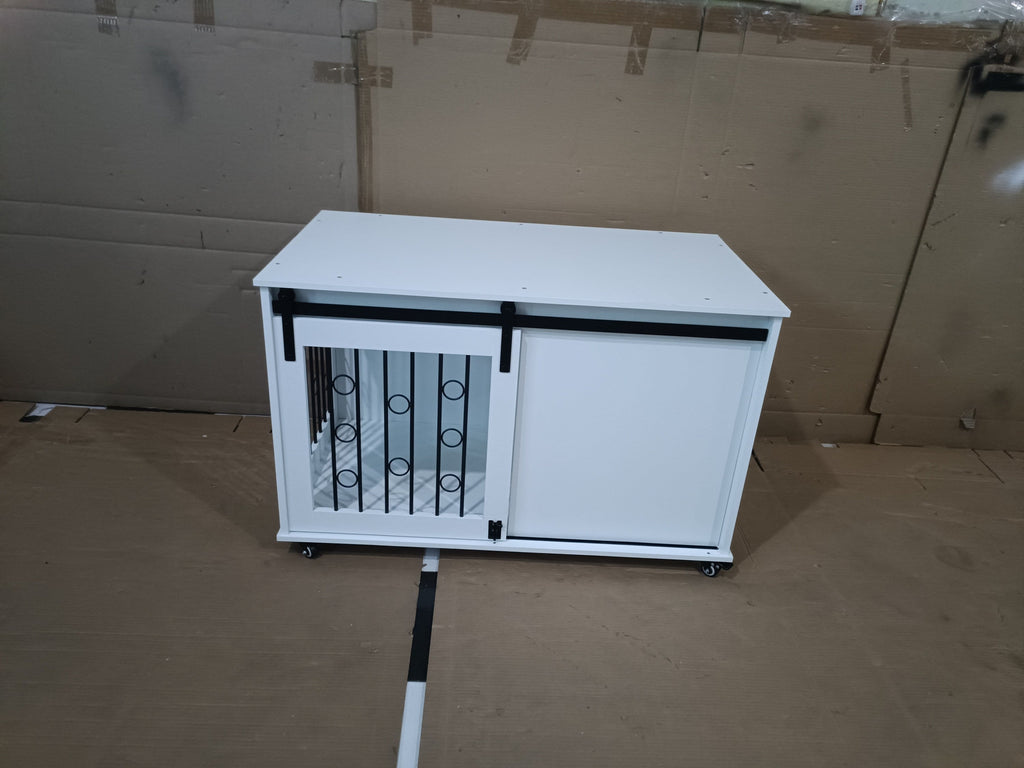 Modern Wooden Dog Crate Furniture with Sliding Barn Door – Indoor Pet Kennel