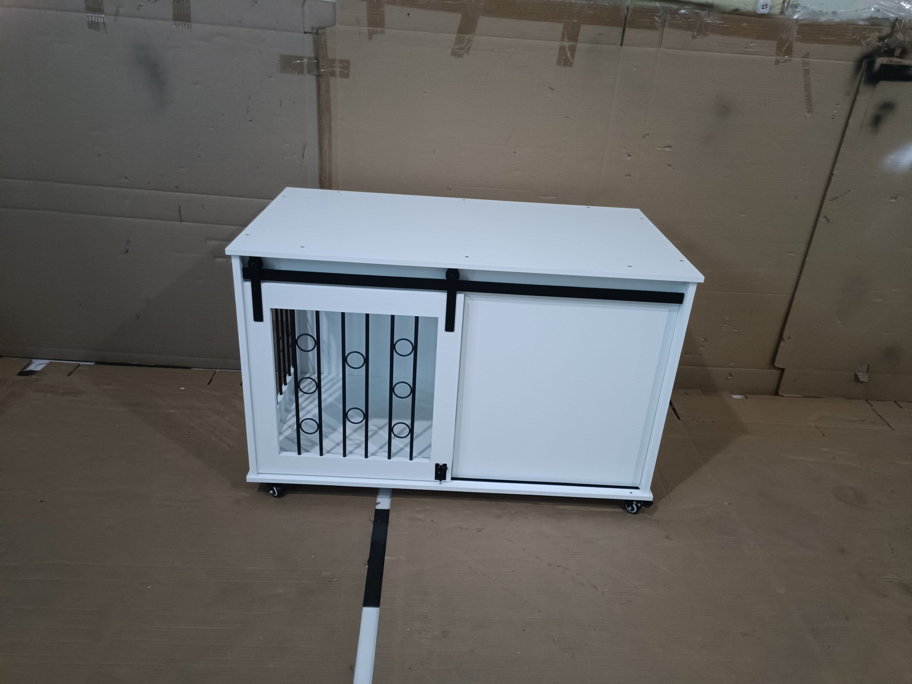 Modern Wooden Dog Crate Furniture with Sliding Barn Door – Indoor Pet Kennel