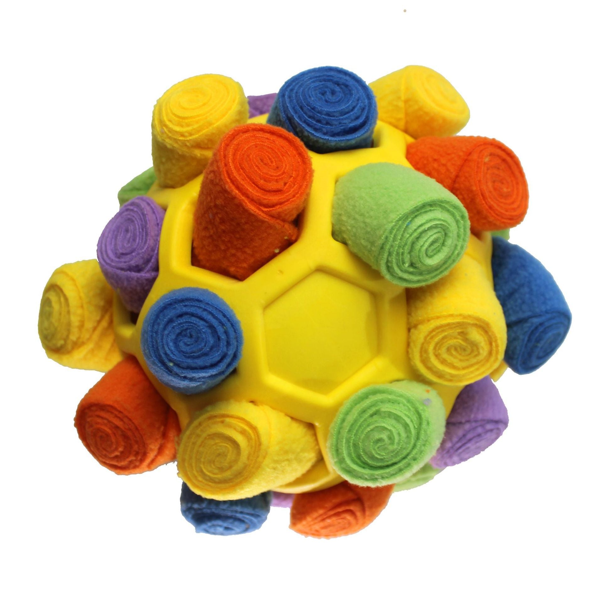Colorful felt ball with rolled-up sections on a white background