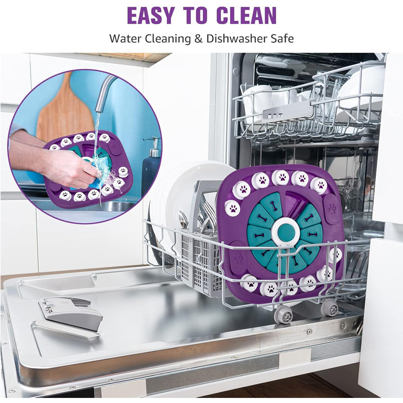 Purple and teal pet toy in a dishwasher with text 'Easy to Clean' and 'Water Cleaning & Dishwasher Safe'.