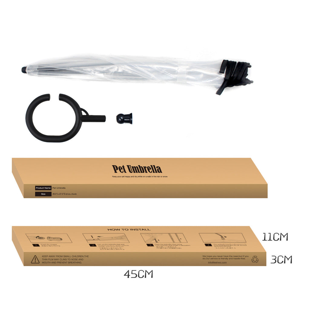 Pet umbrella components including an open umbrella, handle, and packaging box on a white background.