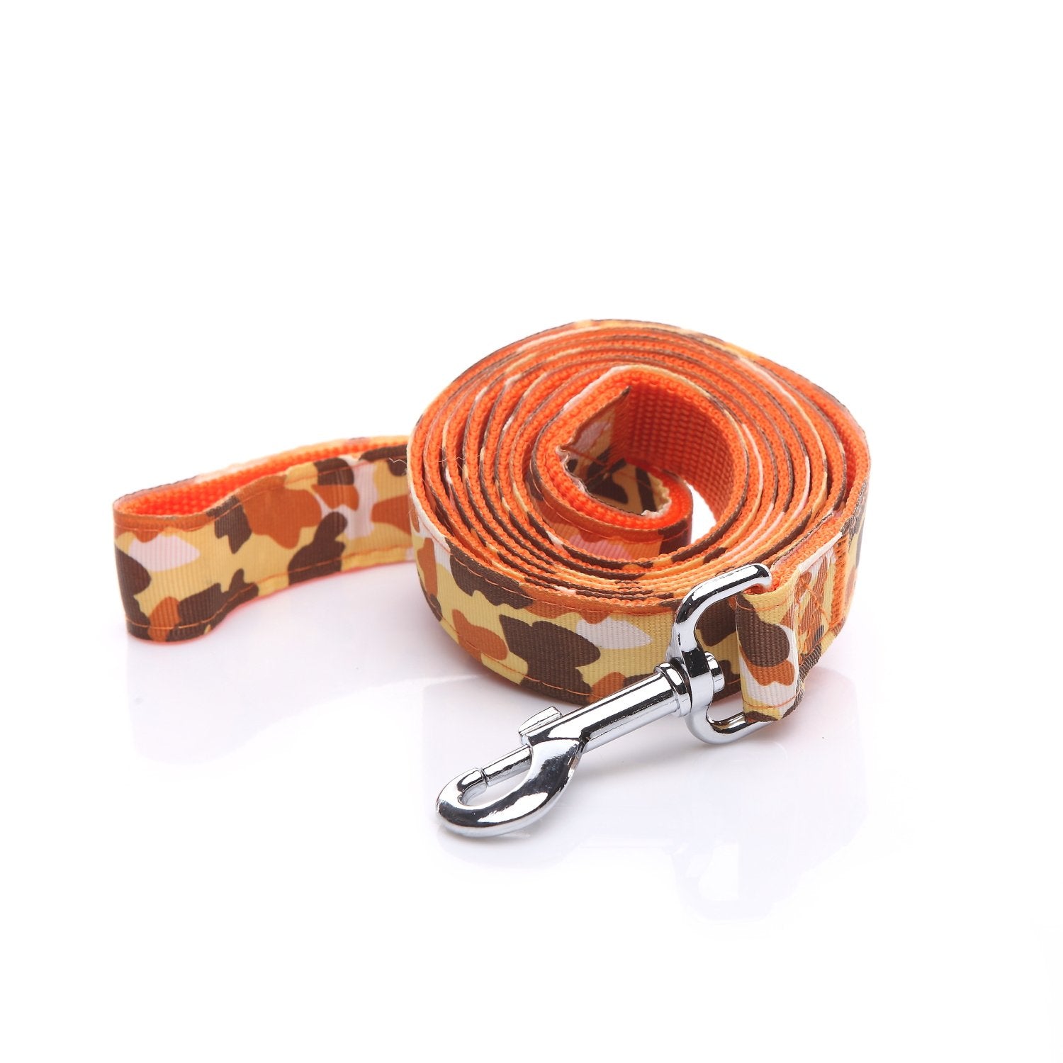Dog leash with camouflage pattern and metal clip on a white background