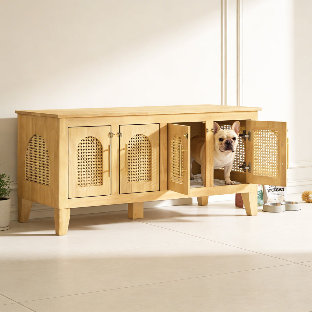 Dog peeking out from a wooden cabinet with wicker doors in a room.