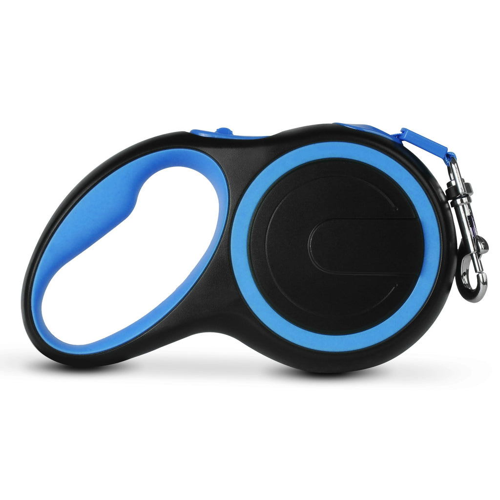 Black and blue retractable dog leash on a white background