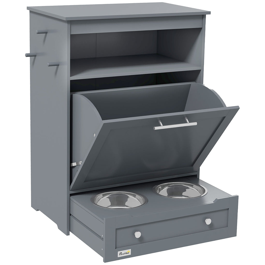 PawHut Pet Feeder Station Cabinet — Raised Bowls, Pull-Out Drawer, Storage Hooks, MDF (Grey, 32")