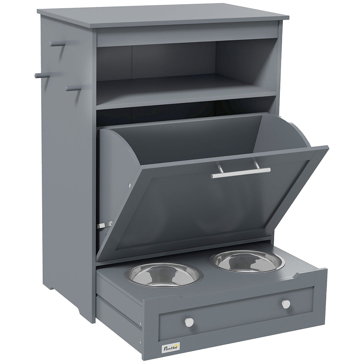 PawHut Pet Feeder Station Cabinet — Raised Bowls, Pull-Out Drawer, Storage Hooks, MDF (Grey, 32")