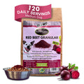 Olewo Red Beet Granular dog food package with beetroot and a bowl of food on a white background