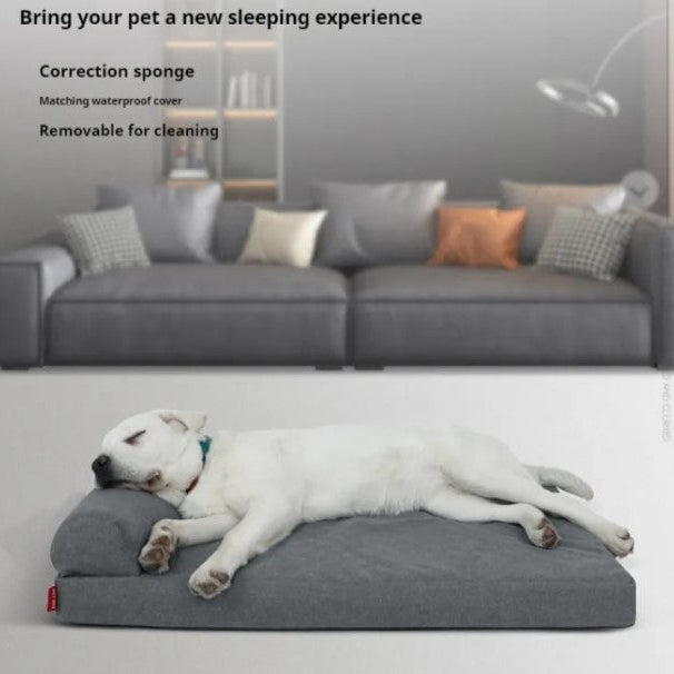 Dog lying on a gray pet bed with a couch in the background