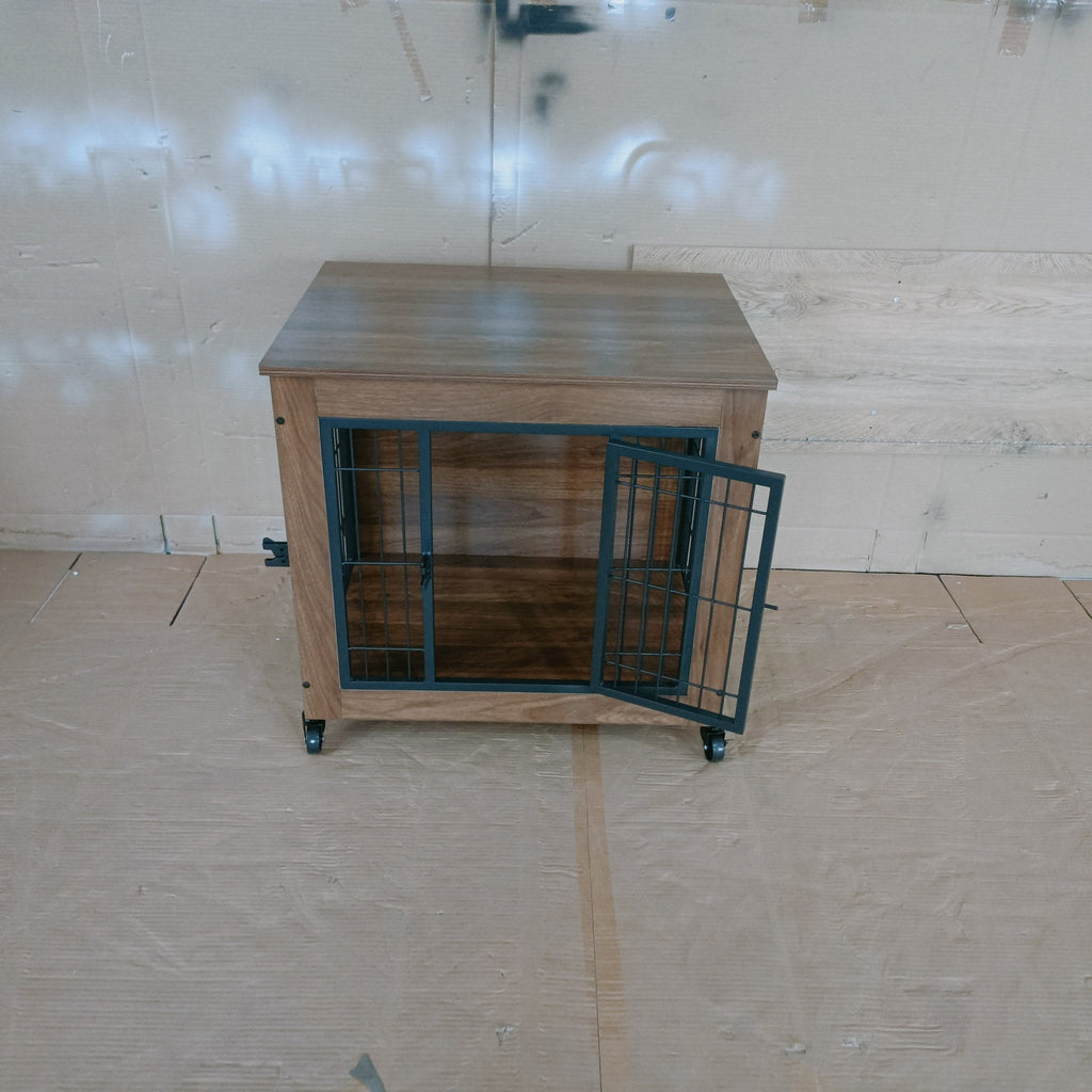 Wooden pet crate with a metal door on a tiled floor.