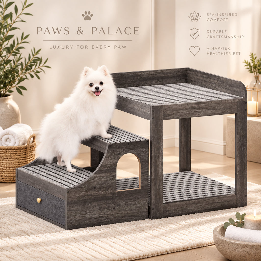 Cyclysio Multi-Level Pet Bunk Bed & Window Perch — Storage Drawer, 150lb Rated, 28" Tall (Grey, Large)