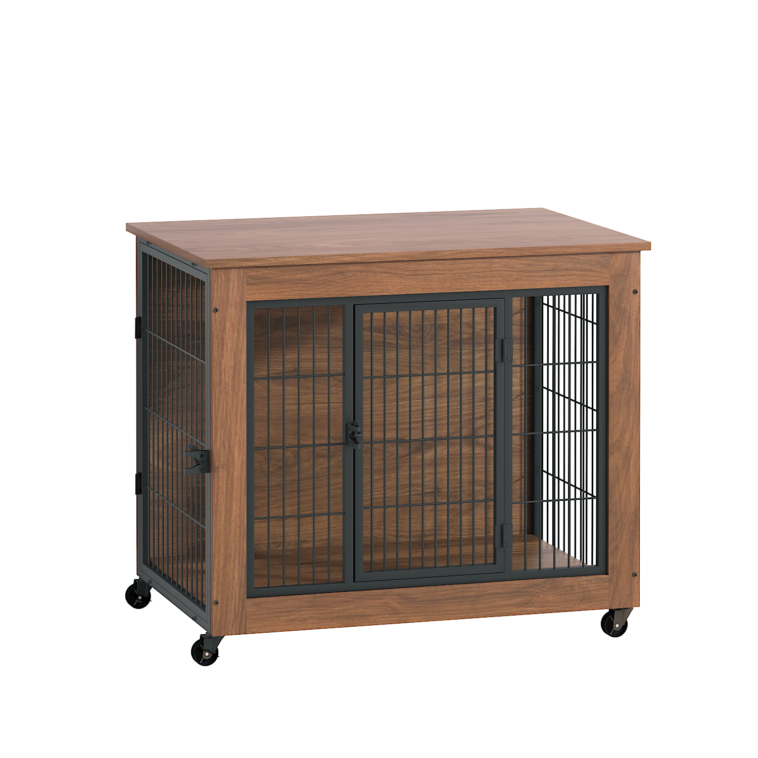 Wooden pet crate with wire doors on a white background