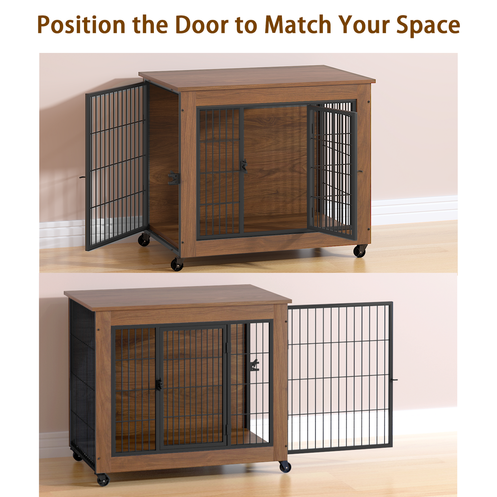 Wooden pet crate with metal doors on wheels against a beige wall.