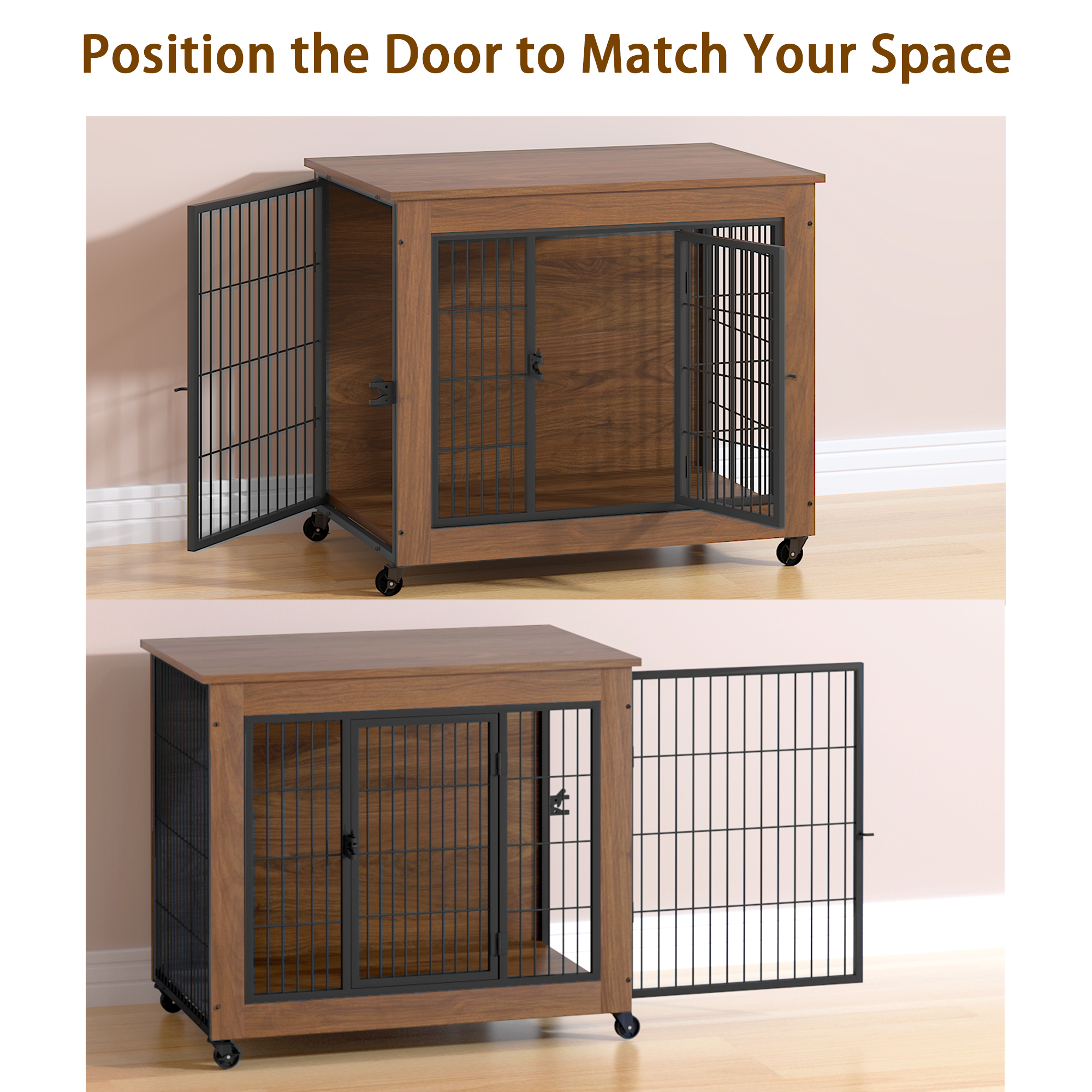 Wooden pet crate with metal doors on wheels against a beige wall.
