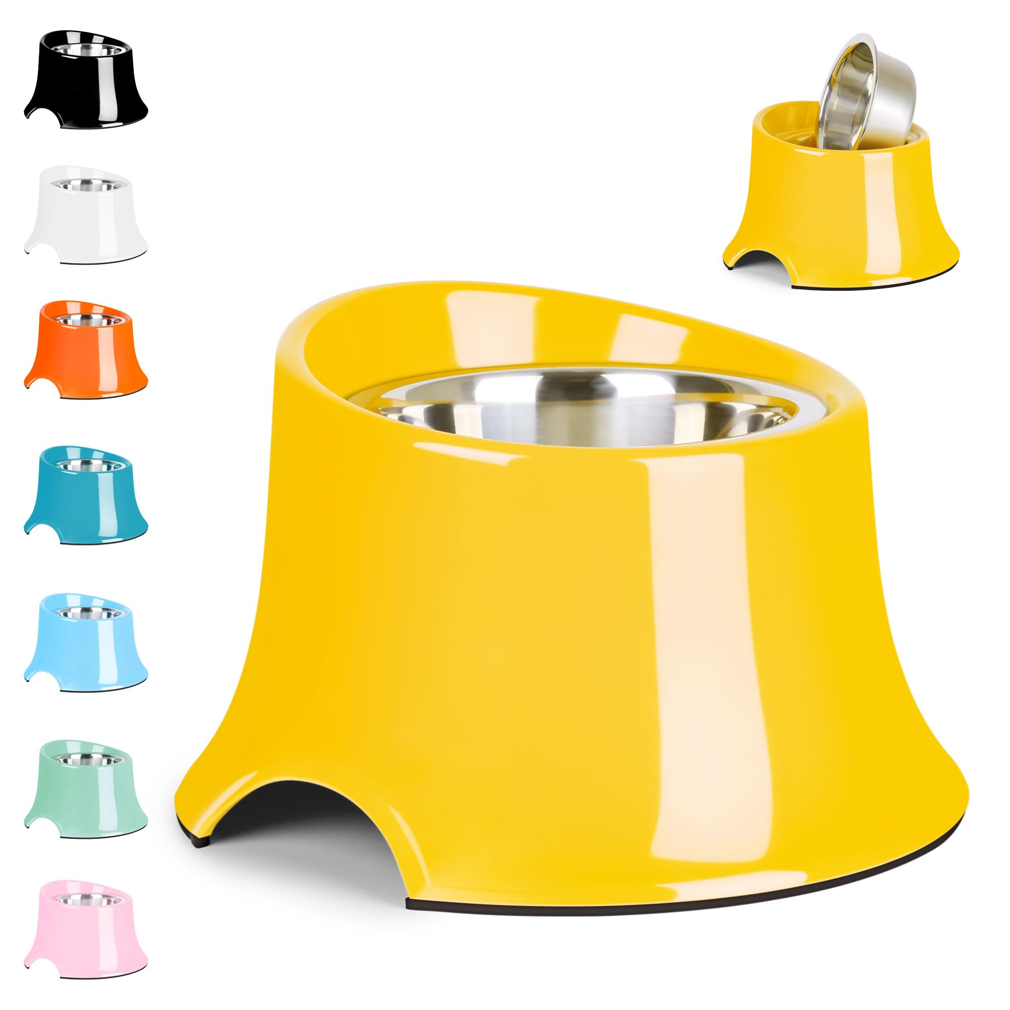 Yellow elevated pet feeder with metal bowl on a white background, showing color options.