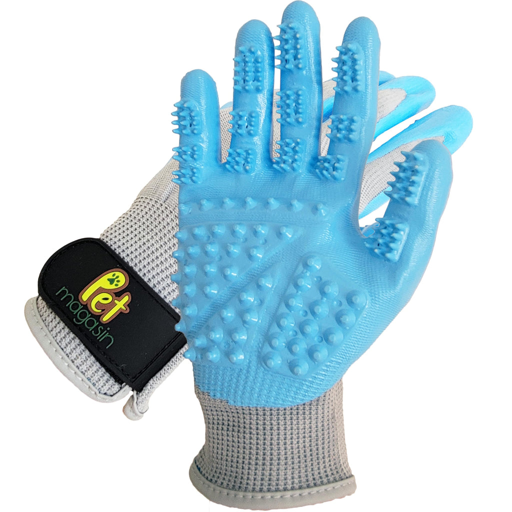 Blue grooming glove with textured surface on a white background