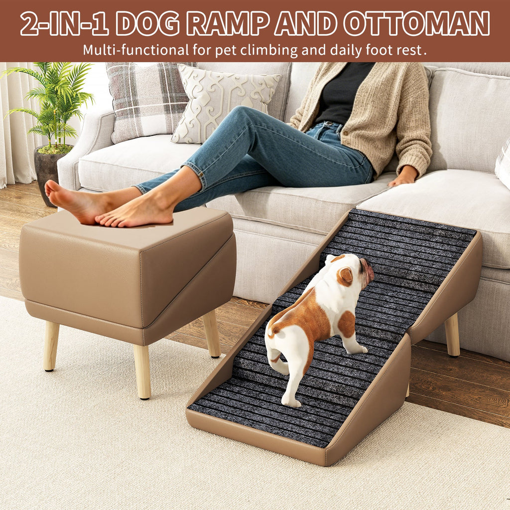 2-in-1 dog ramp and ottoman with a dog using it in a living room setting.