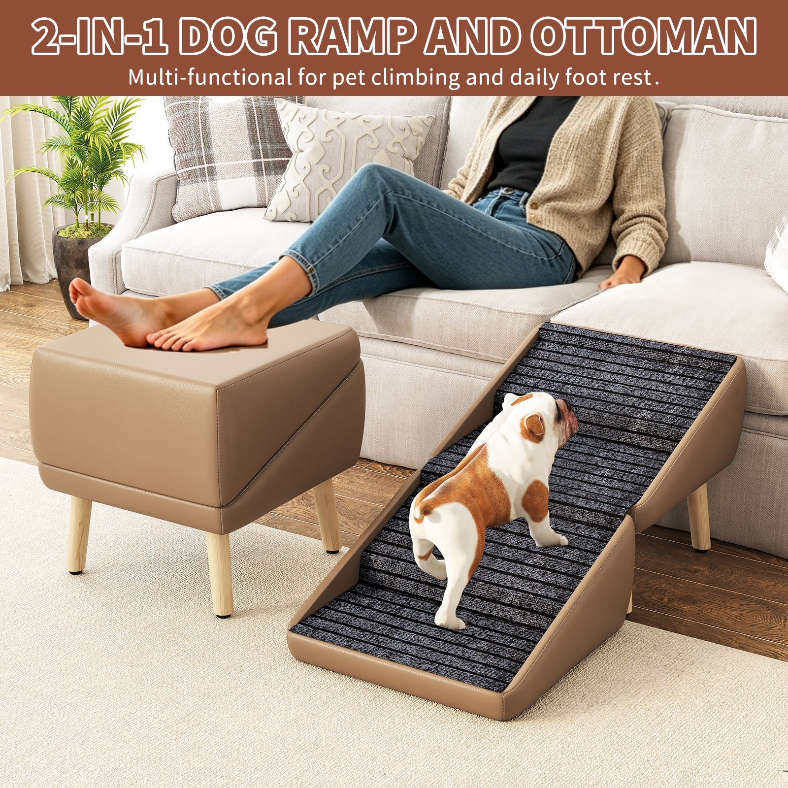 2-in-1 dog ramp and ottoman with a dog using it in a living room setting.