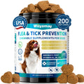 Woyamay flea and tick prevention chewable supplements for dogs with a container and treats on a white background.