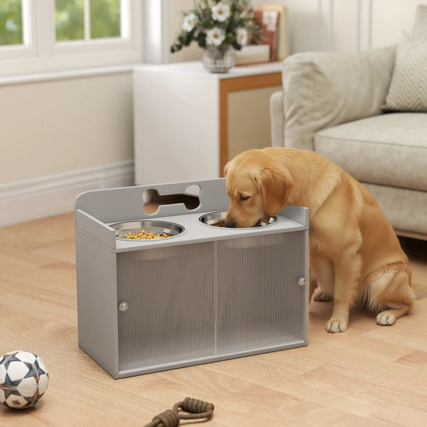 Dog drinking from a elevated pet feeder in a living room.