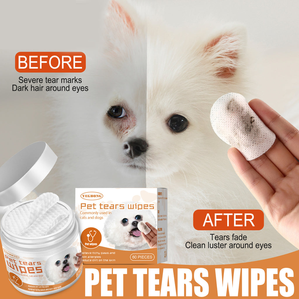 Pet Tears Wipes product before and after usage on a dog's eyes.