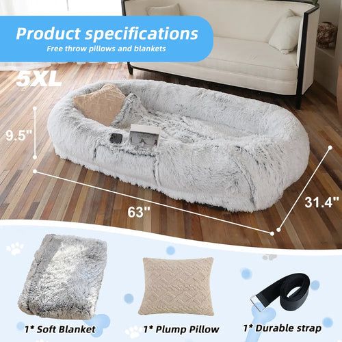 Fluffy pet bed with dimensions and included items on a wooden floor.