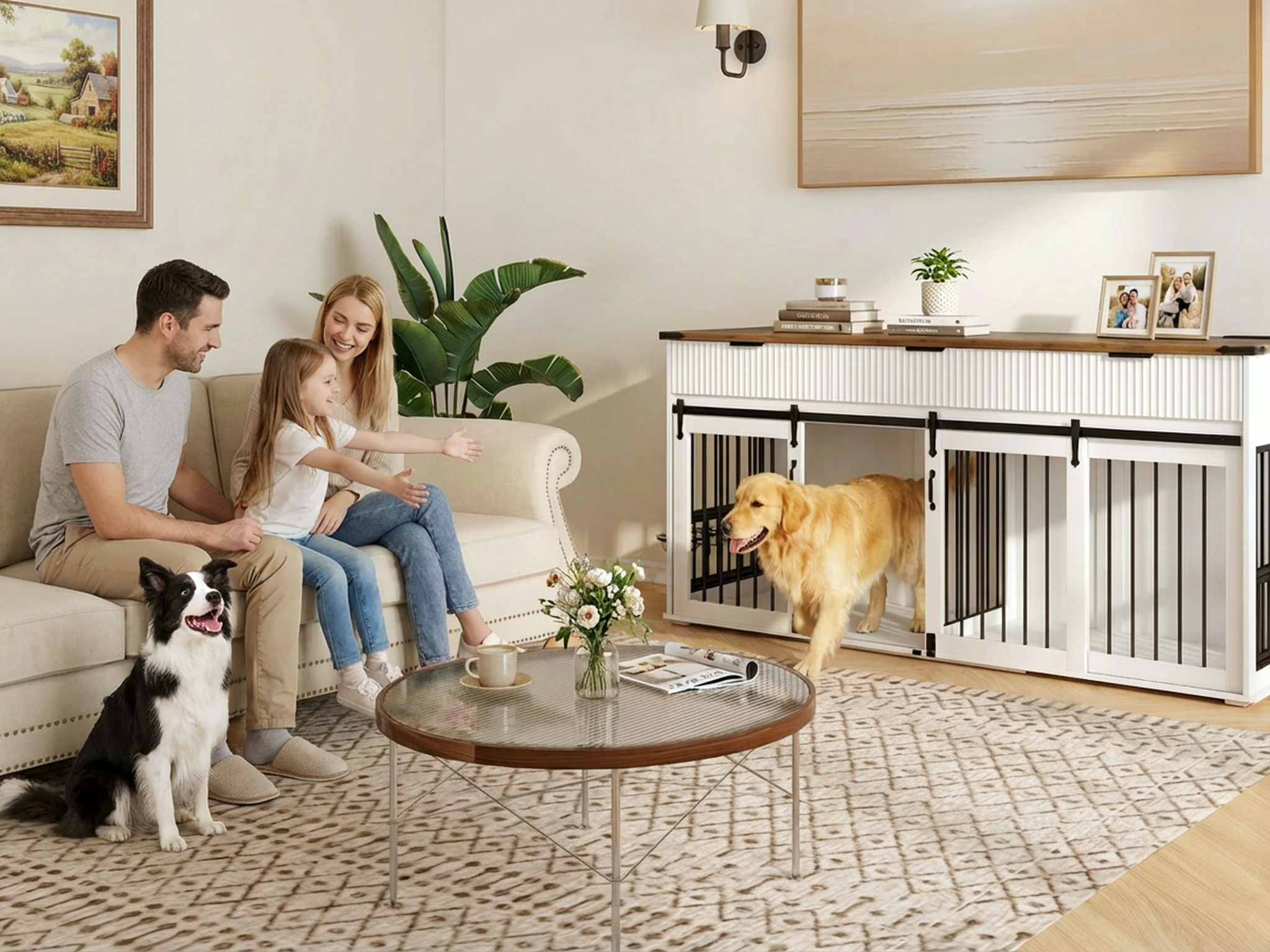 71" Double Dog Crate Furniture with Fluted Drawers, Feeders & Power Station