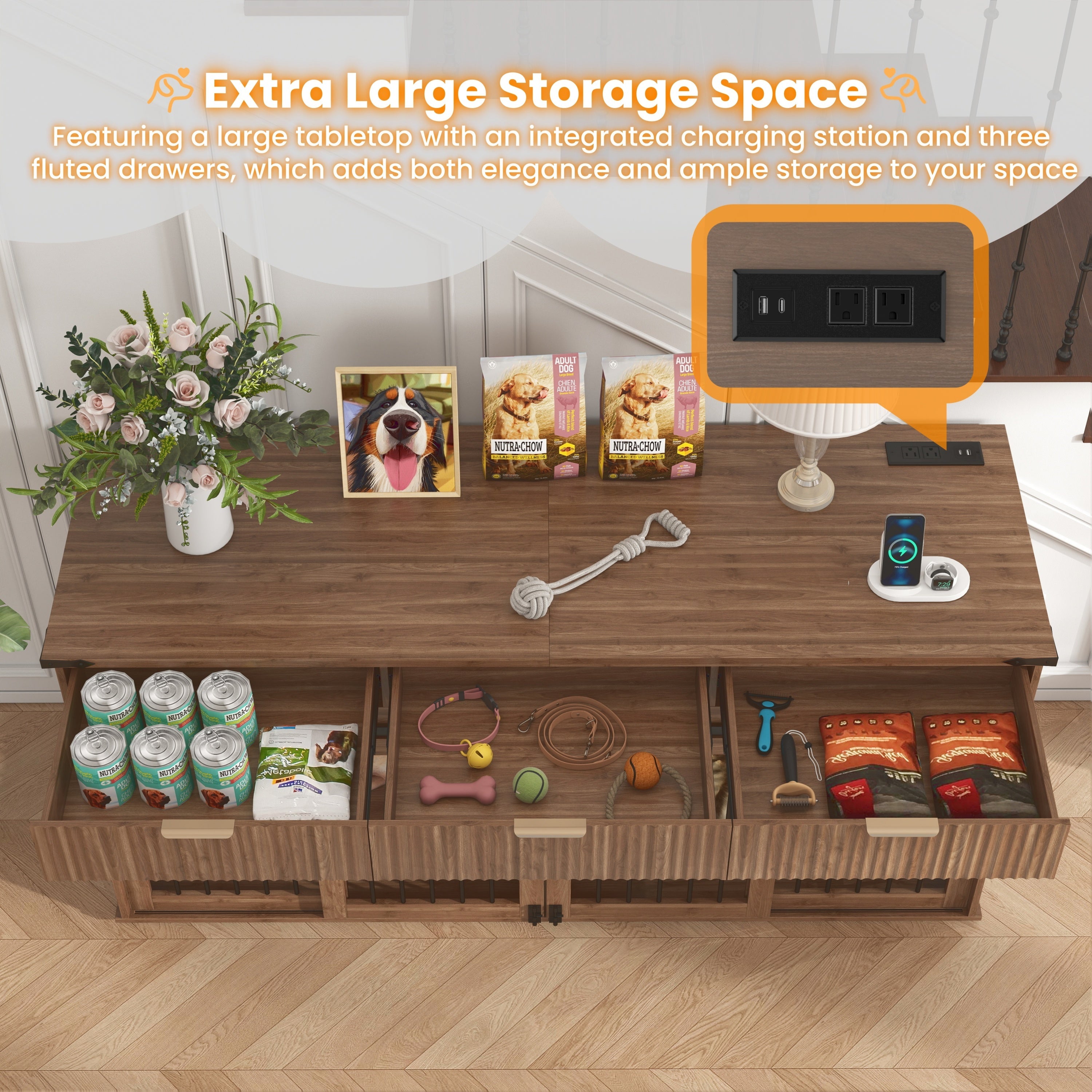 71" Double Dog Crate Furniture with Fluted Drawers, Feeders & Power Station