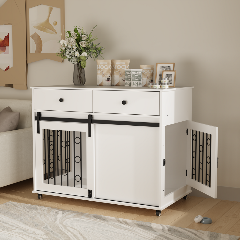 Modern Wooden Dog Crate Furniture with Sliding Barn Door – Indoor Pet Kennel