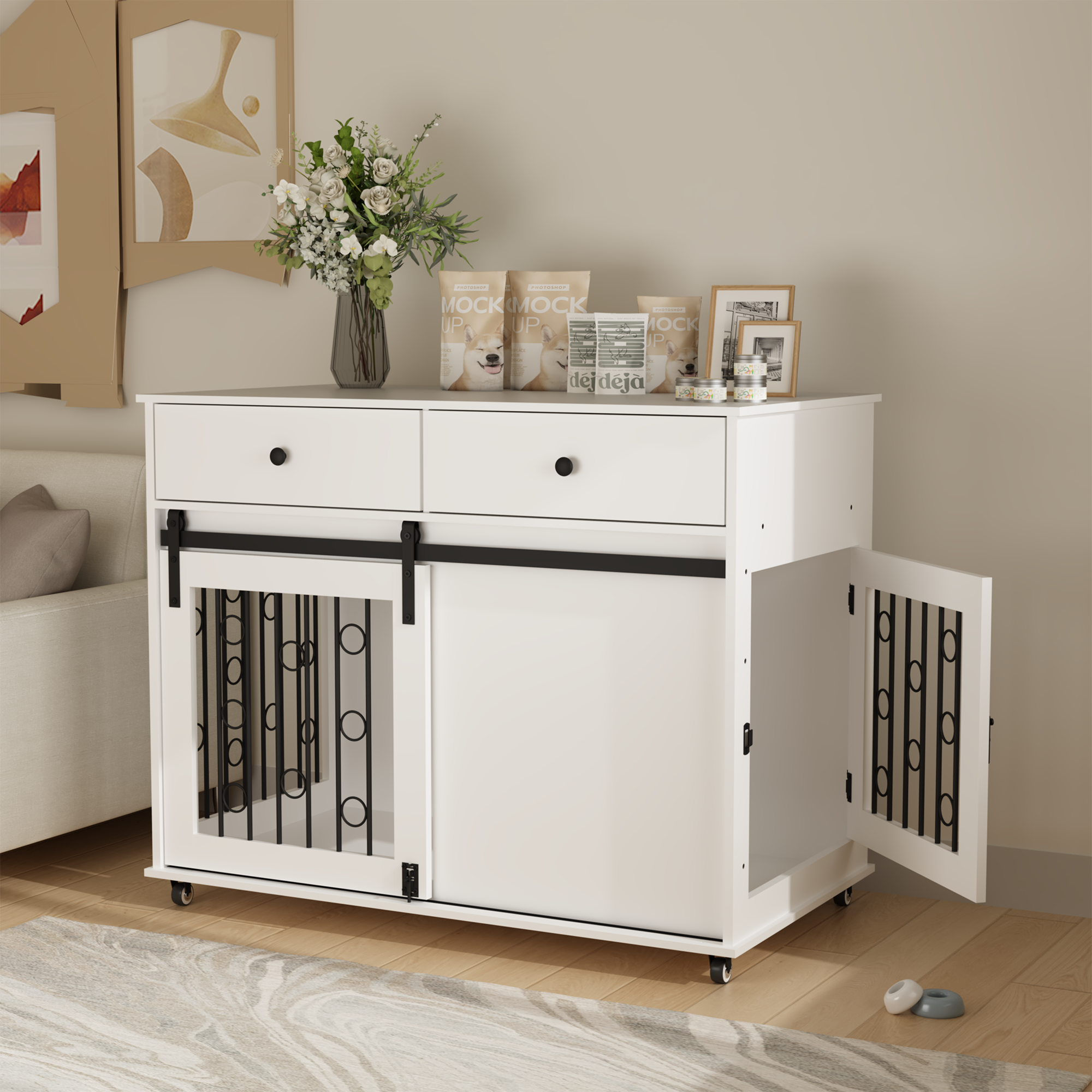 Modern Wooden Dog Crate Furniture with Sliding Barn Door – Indoor Pet Kennel