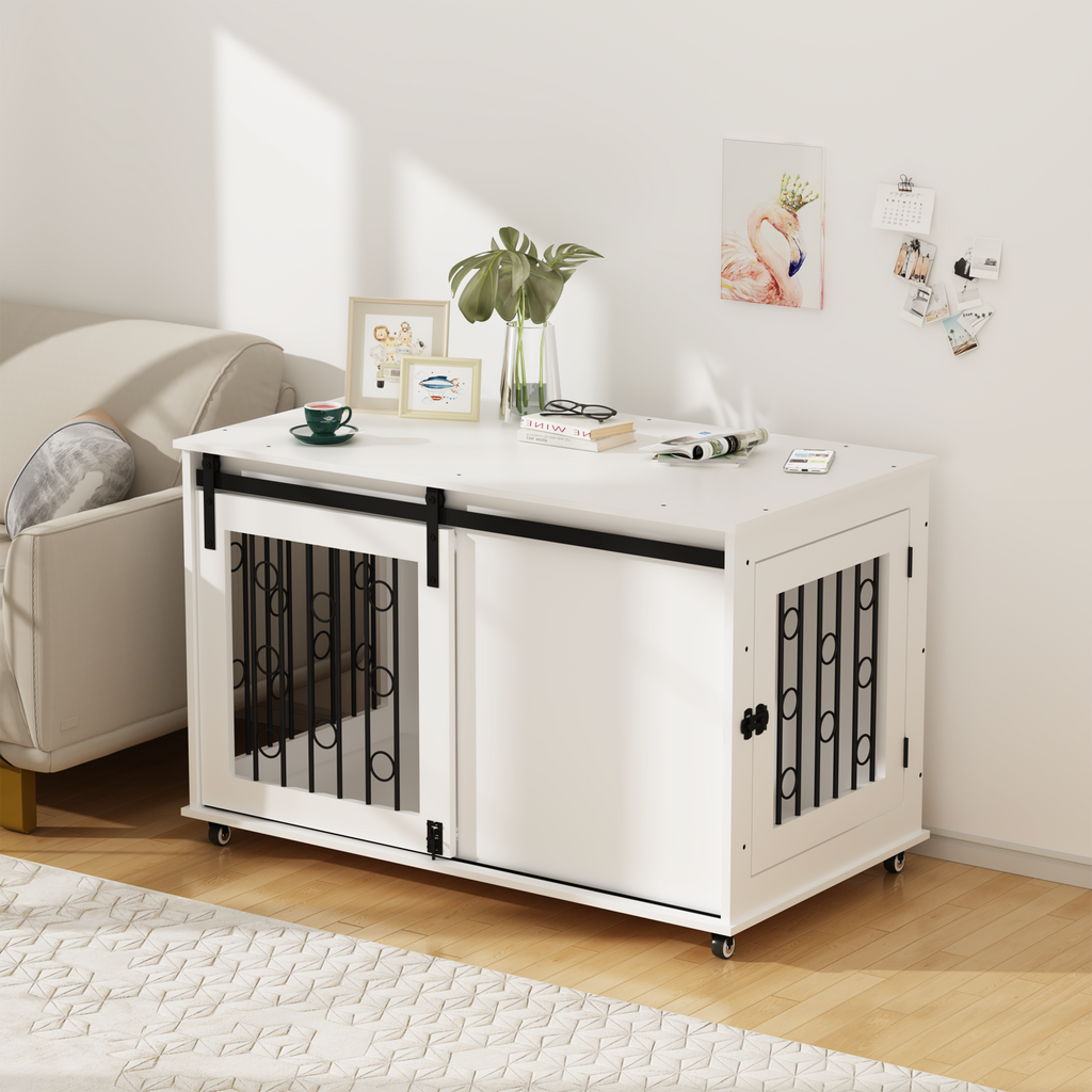 Modern Wooden Dog Crate Furniture with Sliding Barn Door – Indoor Pet Kennel