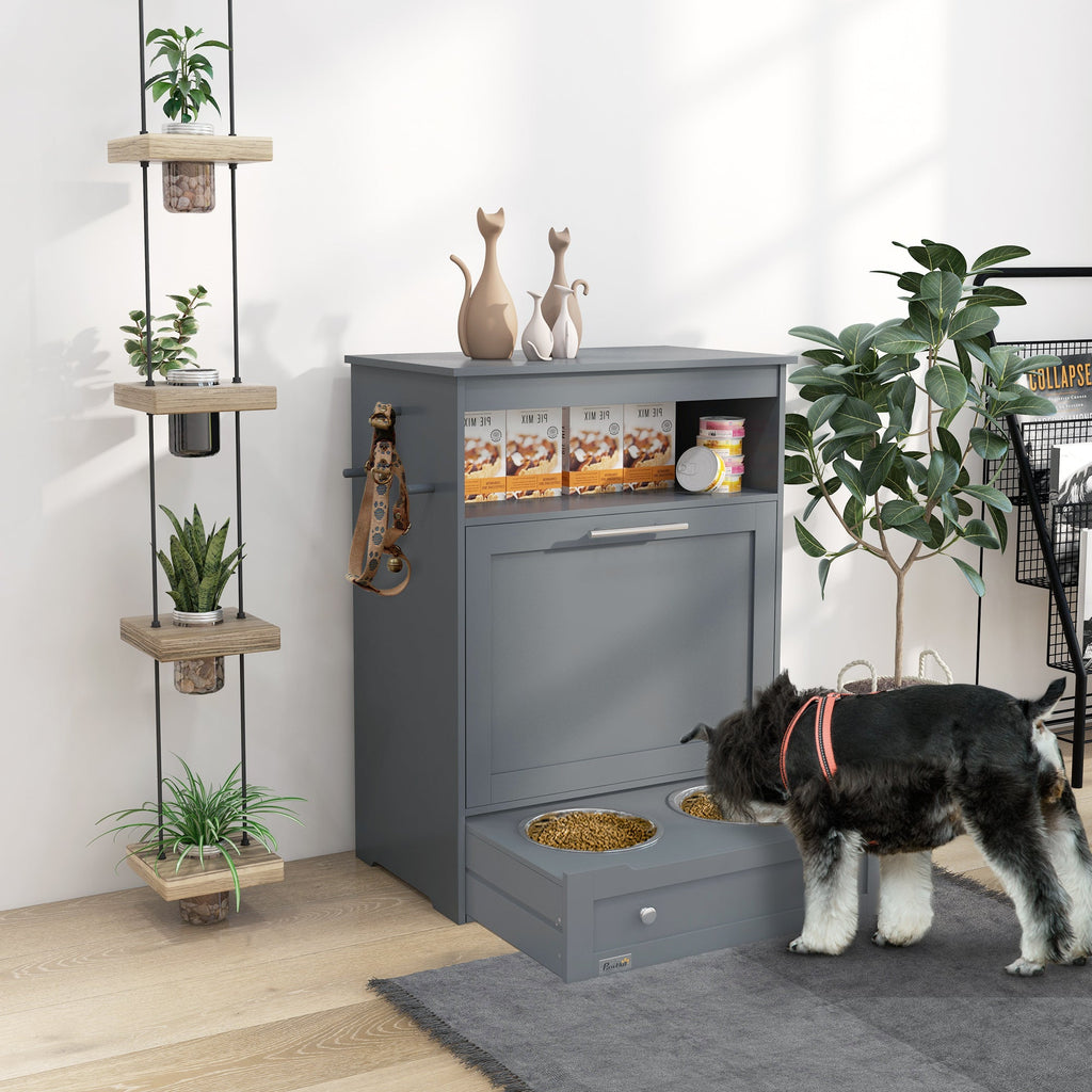 PawHut Pet Feeder Station Cabinet — Raised Bowls, Pull-Out Drawer, Storage Hooks, MDF (Grey, 32")