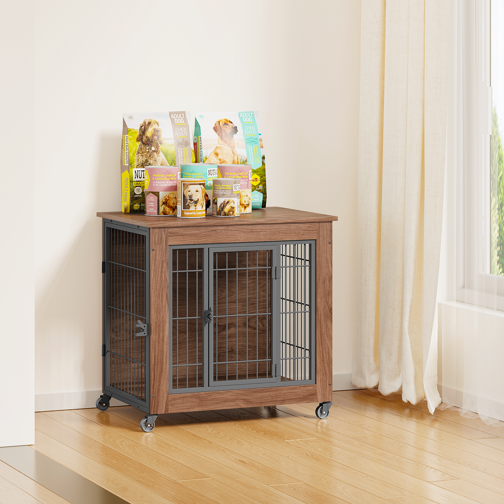 Wooden pet crate with wheels on a wooden floor, surrounded by pet products.