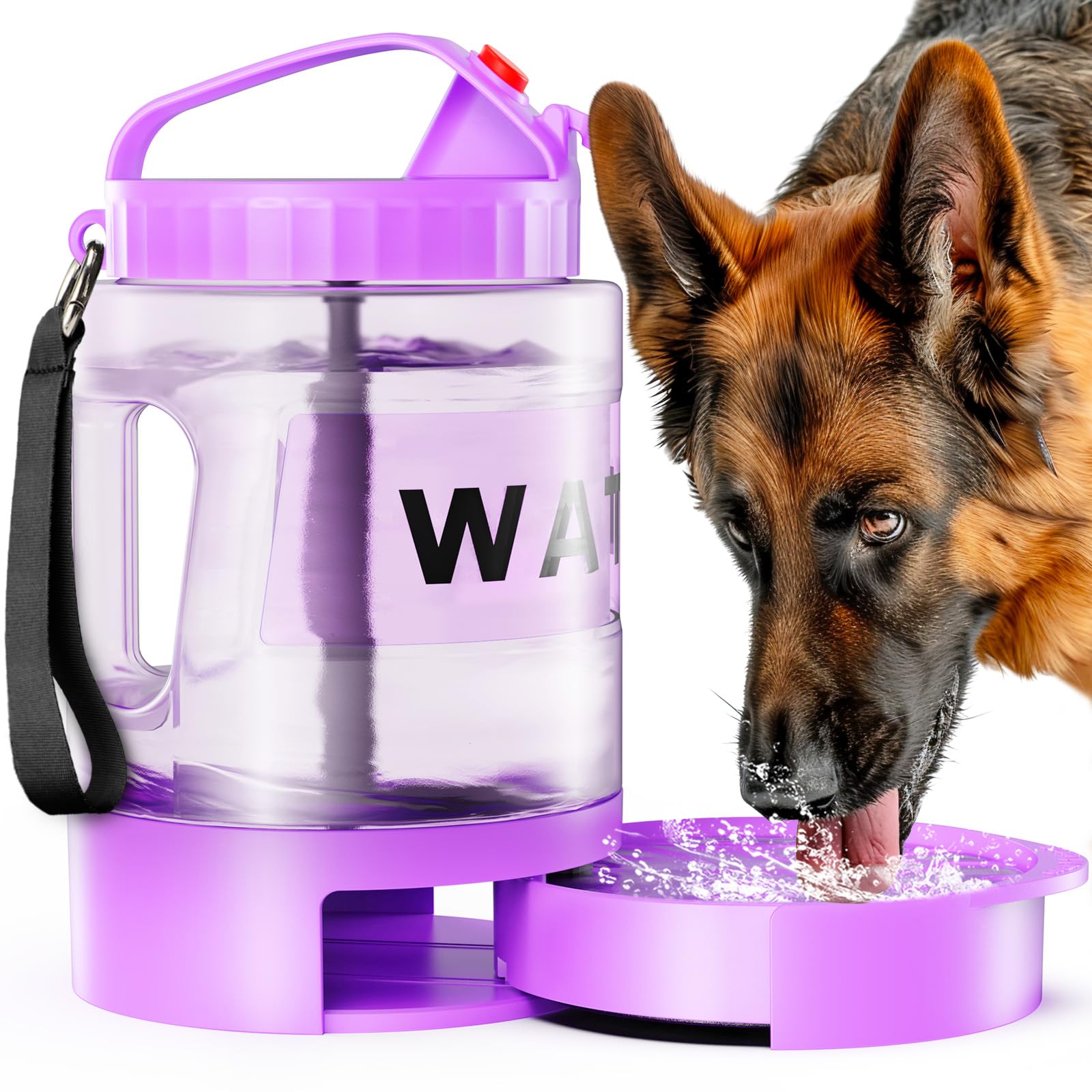Purple pet water bottle and bowl set with a German Shepherd drinking water.